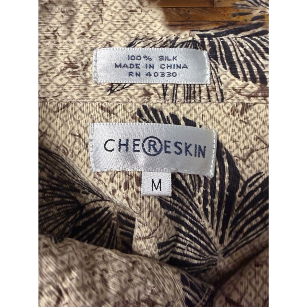 Chereskin 100% Silk Batik Tropical Camp Shirt Tan Black Border Print Men M - Picture 5 of 5